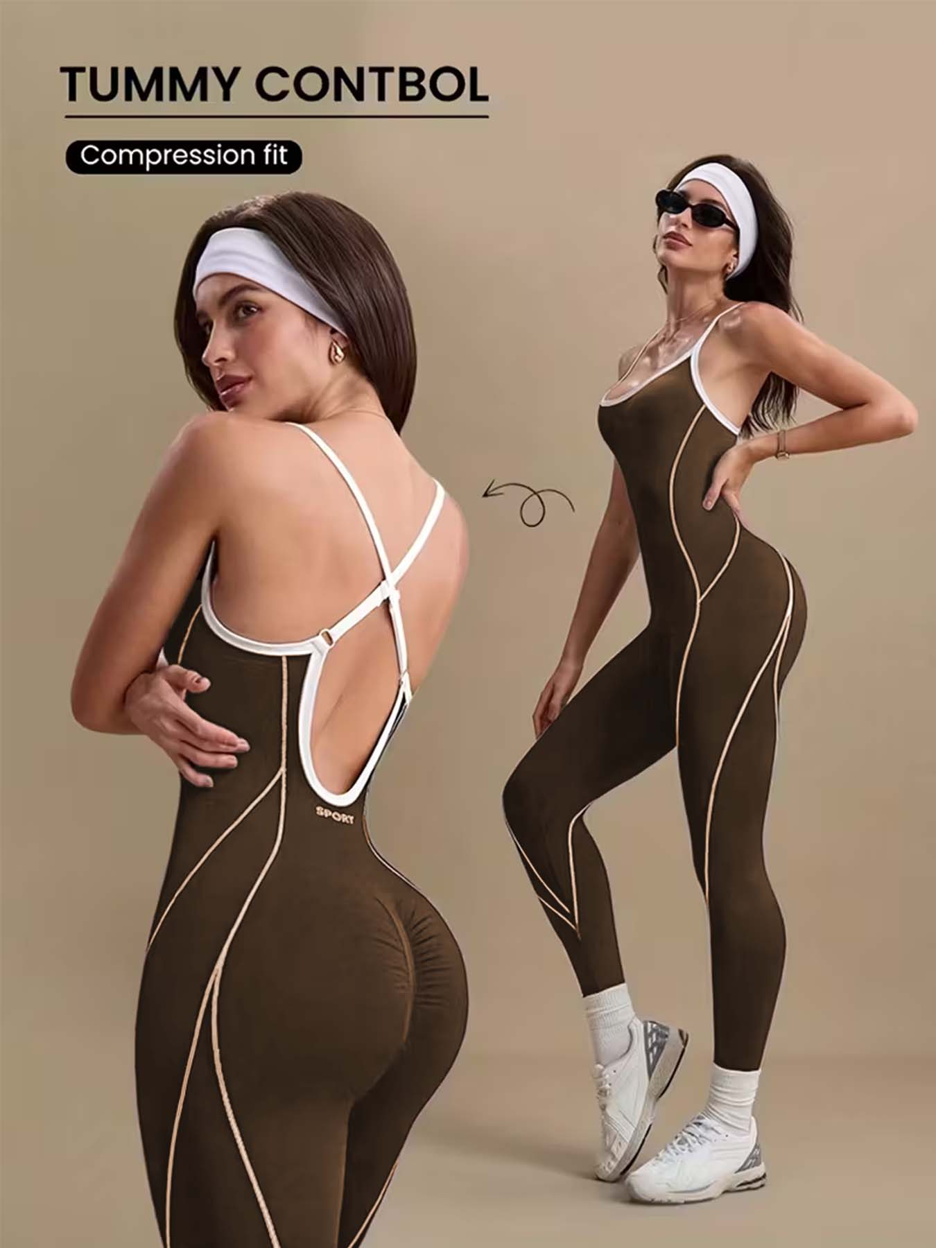 Pilates Ankle Strap - Women's Brown Tummy Control Yoga Jumpsuit